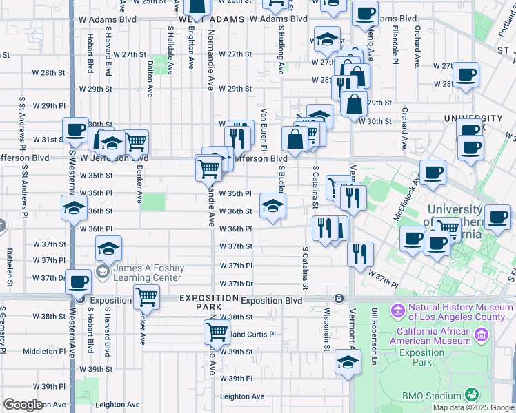 map of restaurants, bars, coffee shops, grocery stores, and more near 1301 West 36th Street in Los Angeles