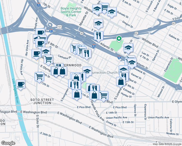 map of restaurants, bars, coffee shops, grocery stores, and more near 3106 Lydia Drive in Los Angeles