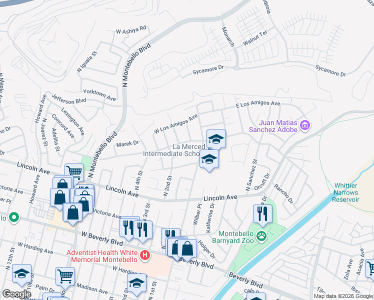 map of restaurants, bars, coffee shops, grocery stores, and more near 120 East Balanda Drive in Montebello