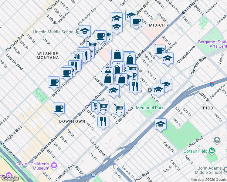 map of restaurants, bars, coffee shops, grocery stores, and more near 1438 14th Street in Santa Monica