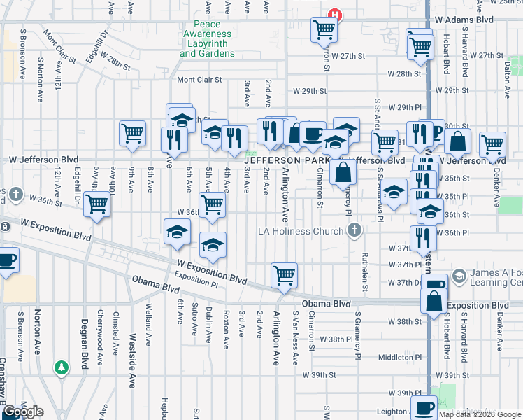 map of restaurants, bars, coffee shops, grocery stores, and more near 3488 2nd Avenue in Los Angeles