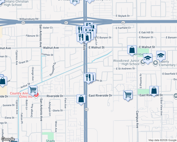 map of restaurants, bars, coffee shops, grocery stores, and more near 2819 South Euclid Avenue in Ontario