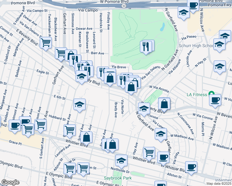 map of restaurants, bars, coffee shops, grocery stores, and more near 3104 W Via Corona in Montebello