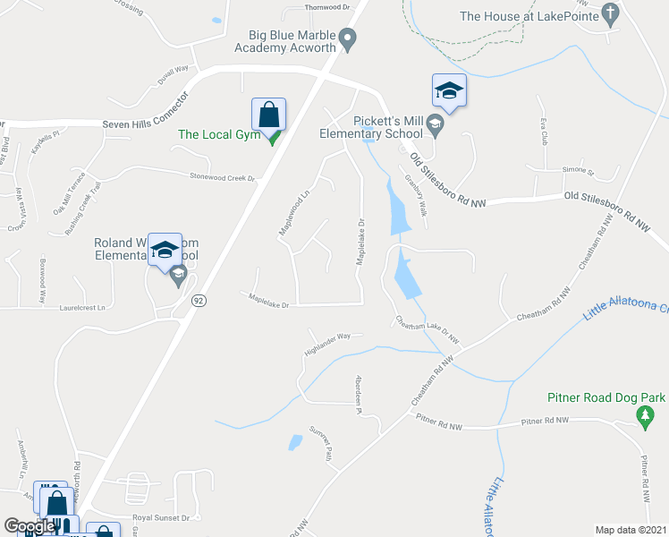 map of restaurants, bars, coffee shops, grocery stores, and more near 105 Maplewood Cove in Acworth