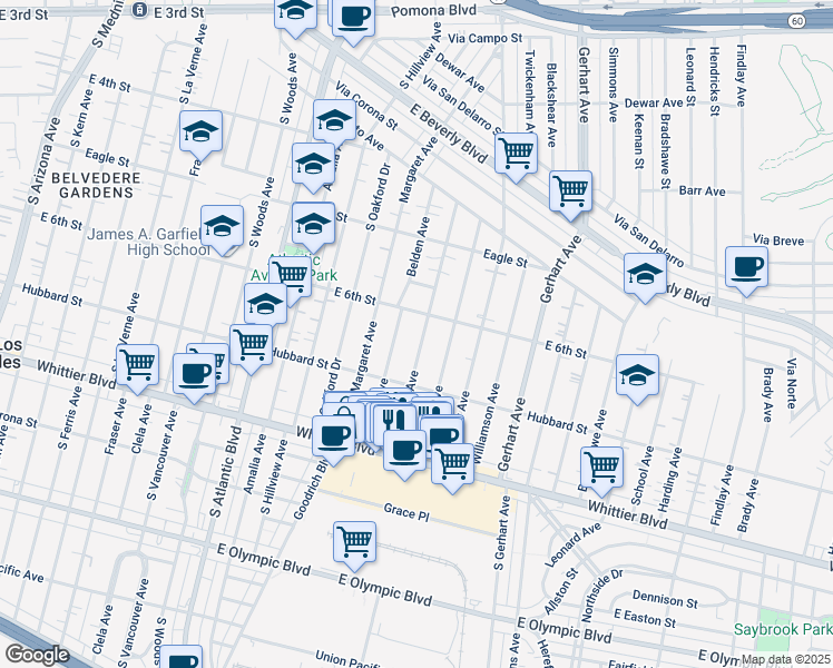map of restaurants, bars, coffee shops, grocery stores, and more near 621 Eastmont Avenue in East Los Angeles