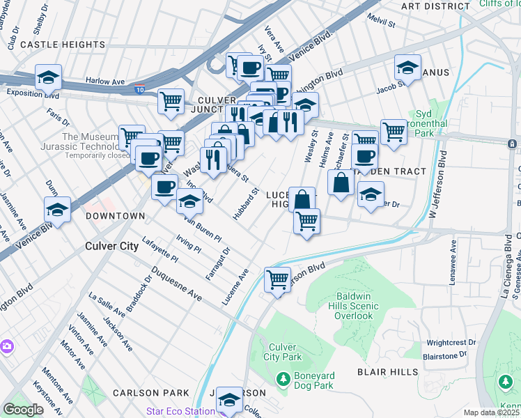 map of restaurants, bars, coffee shops, grocery stores, and more near 9025 Carson Street in Culver City