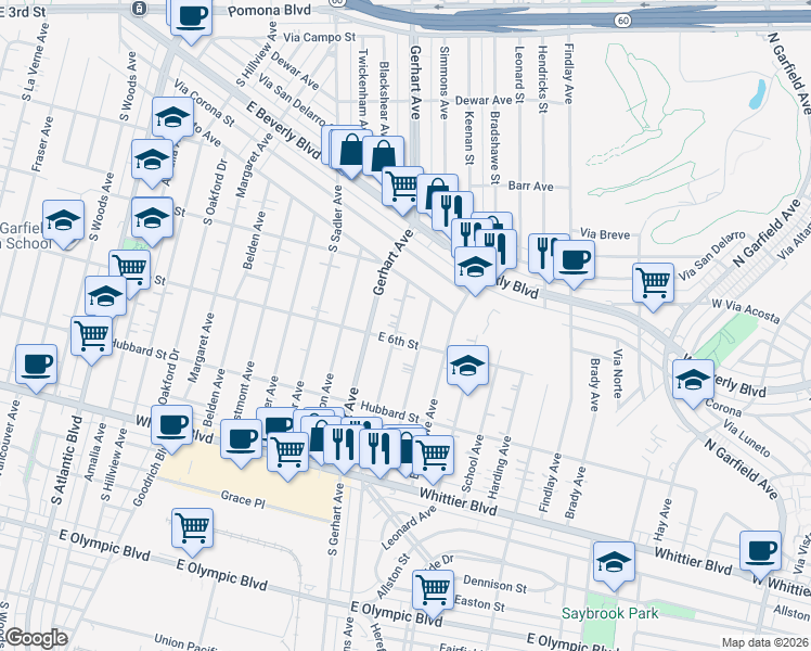 map of restaurants, bars, coffee shops, grocery stores, and more near 564 Simmons Avenue in East Los Angeles