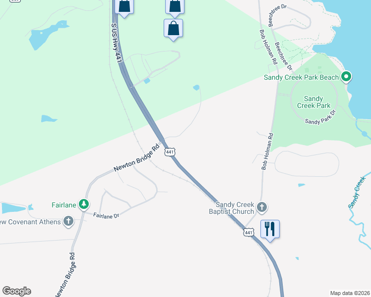 map of restaurants, bars, coffee shops, grocery stores, and more near 2860 Commerce Road in Athens