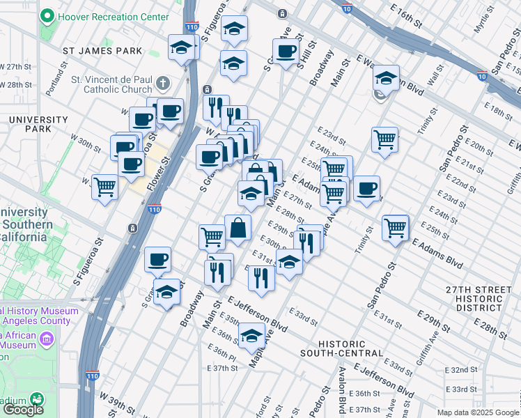 map of restaurants, bars, coffee shops, grocery stores, and more near 110 West 28th Street in Los Angeles
