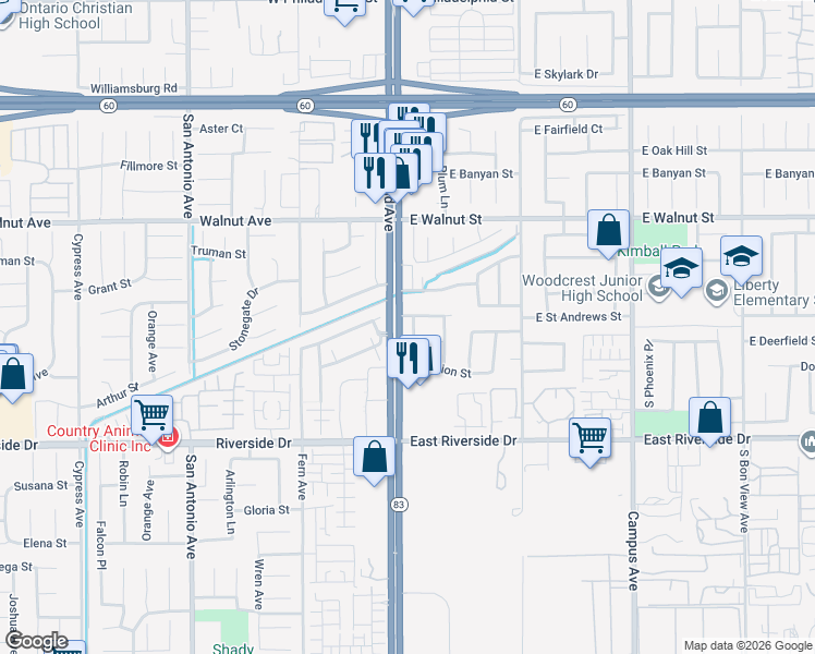 map of restaurants, bars, coffee shops, grocery stores, and more near 2819 South Euclid Avenue in Ontario
