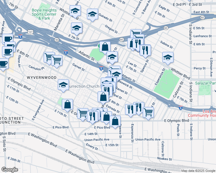 map of restaurants, bars, coffee shops, grocery stores, and more near 3348 Garnet Street in Los Angeles