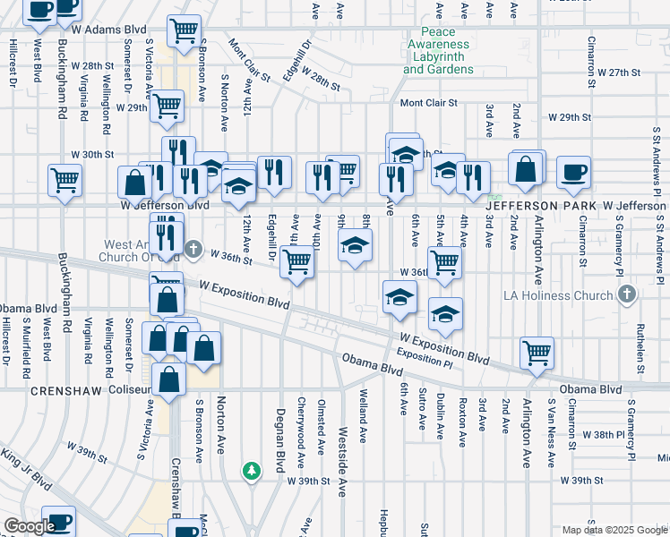 map of restaurants, bars, coffee shops, grocery stores, and more near 2909 West 36th Street in Los Angeles