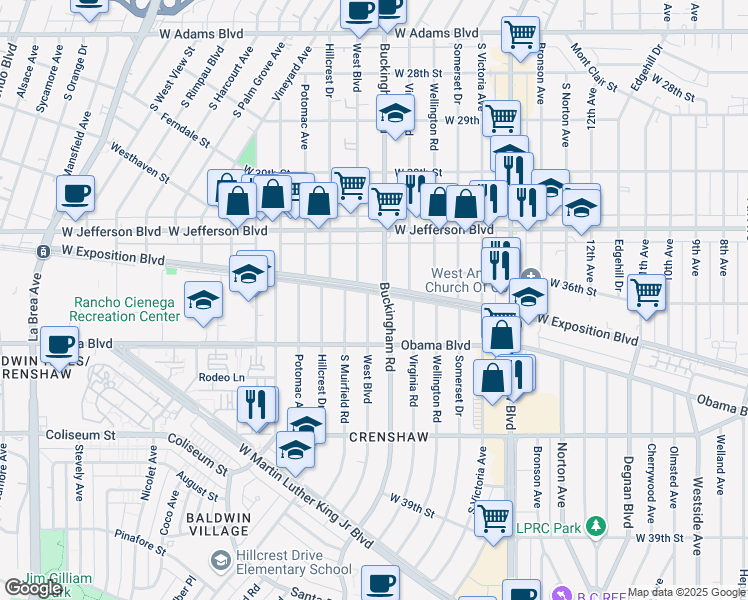 map of restaurants, bars, coffee shops, grocery stores, and more near 3506 West Boulevard in Los Angeles