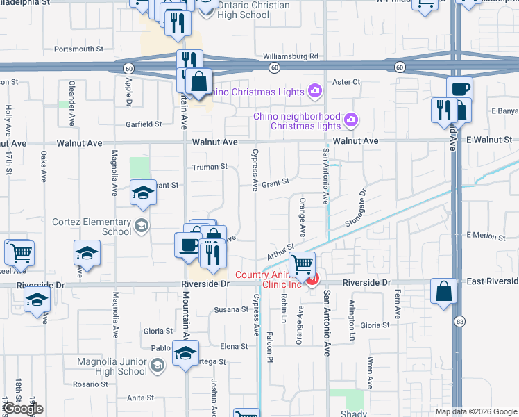 map of restaurants, bars, coffee shops, grocery stores, and more near 12689 Cypress Avenue in Chino