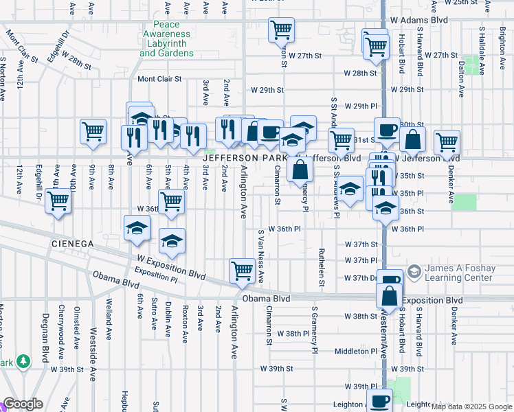 map of restaurants, bars, coffee shops, grocery stores, and more near 3569 South Van Ness Avenue in Los Angeles