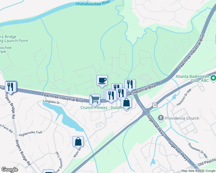 map of restaurants, bars, coffee shops, grocery stores, and more near 3865 Lake Lanier Drive Northwest in Duluth