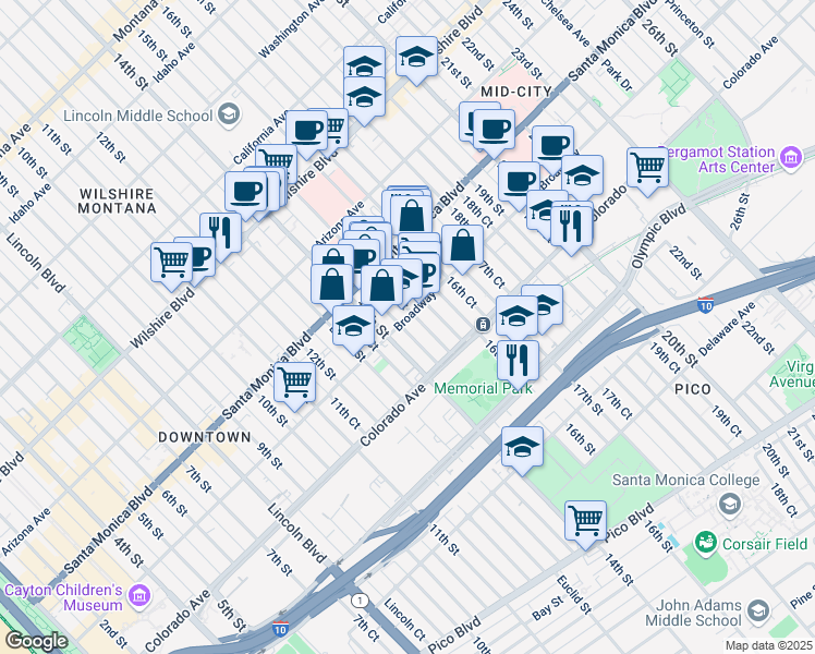 map of restaurants, bars, coffee shops, grocery stores, and more near 1424 Broadway in Santa Monica