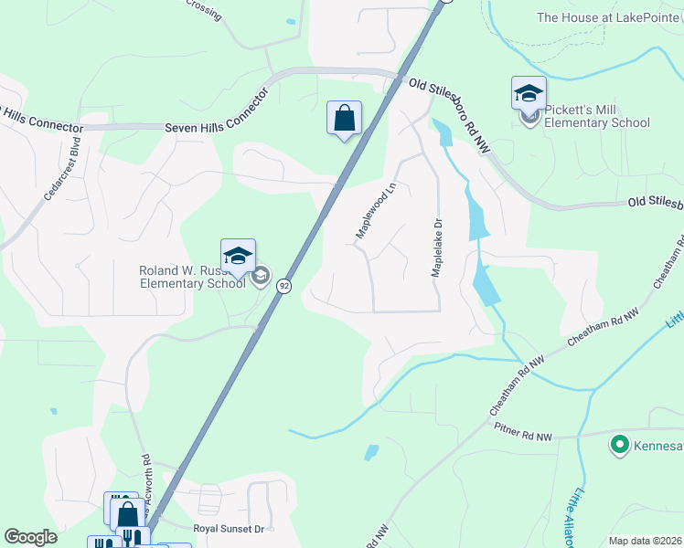 map of restaurants, bars, coffee shops, grocery stores, and more near 88 Maplelake Court in Acworth