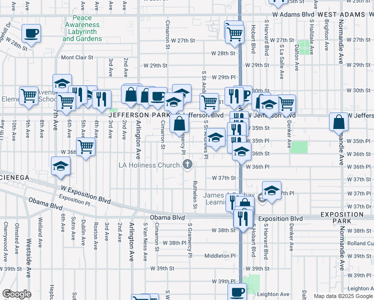 map of restaurants, bars, coffee shops, grocery stores, and more near 3566 South Gramercy Place in Los Angeles