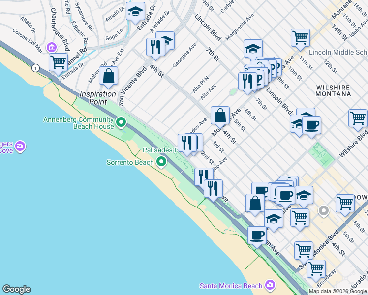 map of restaurants, bars, coffee shops, grocery stores, and more near 701 Ocean Avenue in Santa Monica