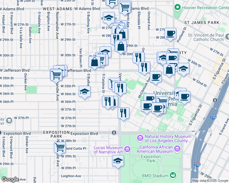 map of restaurants, bars, coffee shops, grocery stores, and more near 3601 Vermont Avenue in Los Angeles
