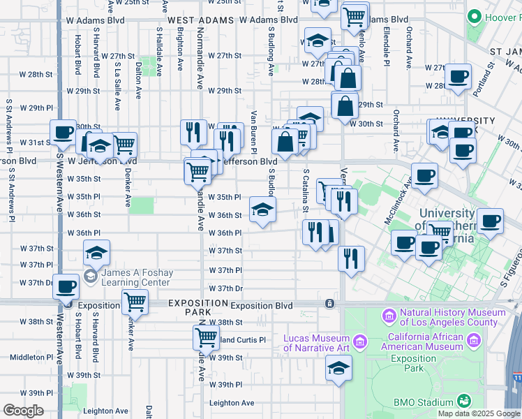 map of restaurants, bars, coffee shops, grocery stores, and more near 1249 West 36th Street in Los Angeles