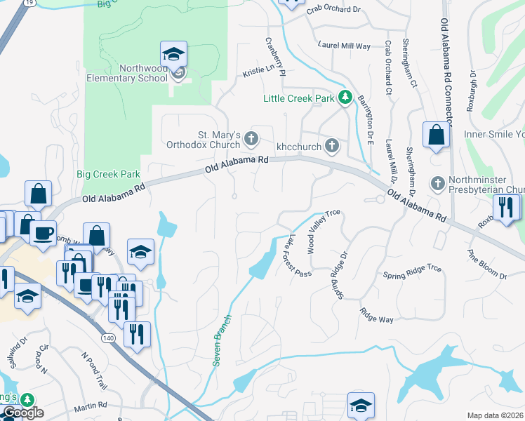 map of restaurants, bars, coffee shops, grocery stores, and more near 1010 Lake Haven Court in Roswell