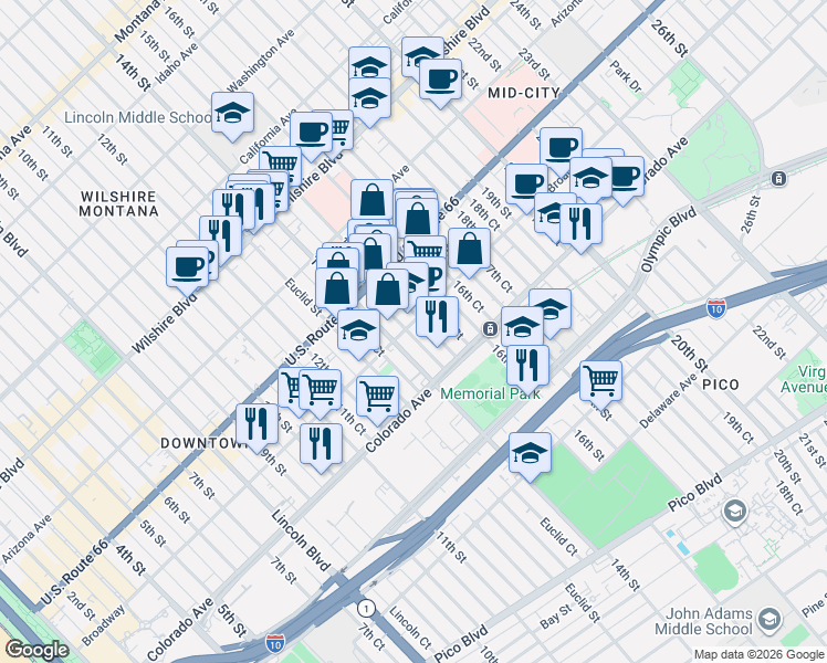 map of restaurants, bars, coffee shops, grocery stores, and more near 1424 Broadway in Santa Monica