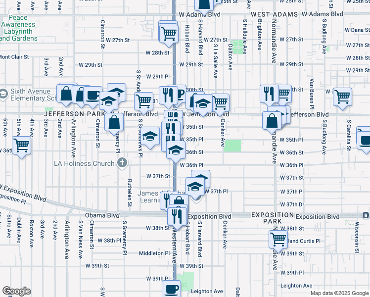 map of restaurants, bars, coffee shops, grocery stores, and more near 1665 West 36th Street in Los Angeles