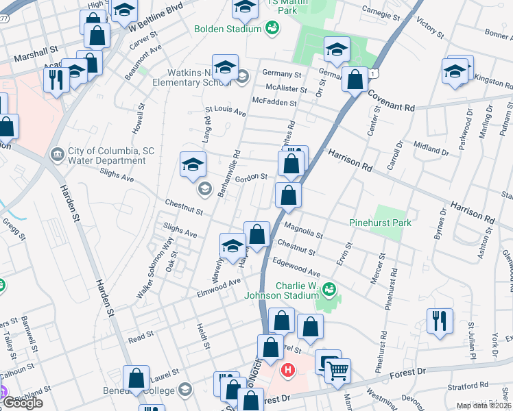 map of restaurants, bars, coffee shops, grocery stores, and more near 2223 Harper Street in Columbia