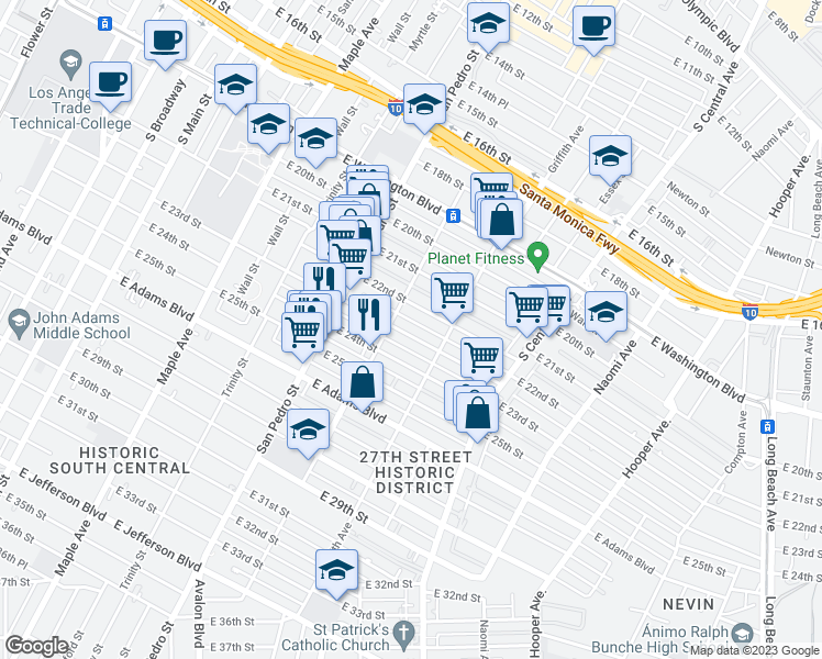 map of restaurants, bars, coffee shops, grocery stores, and more near 945 East 23rd Street in Los Angeles