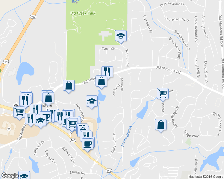 map of restaurants, bars, coffee shops, grocery stores, and more near 155 Ansley Court in Roswell