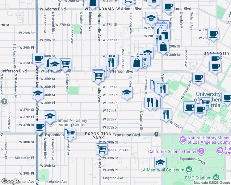 map of restaurants, bars, coffee shops, grocery stores, and more near 1321 West 36th Street in Los Angeles