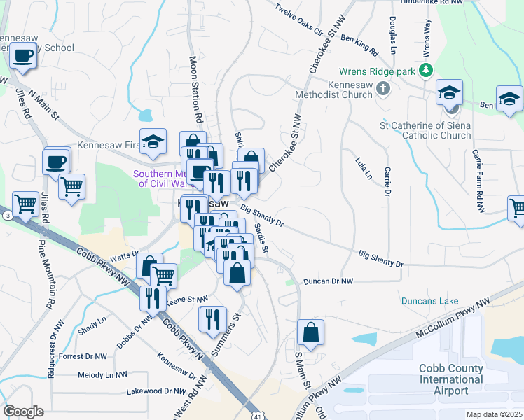map of restaurants, bars, coffee shops, grocery stores, and more near 2080 Big Shanty Drive in Kennesaw