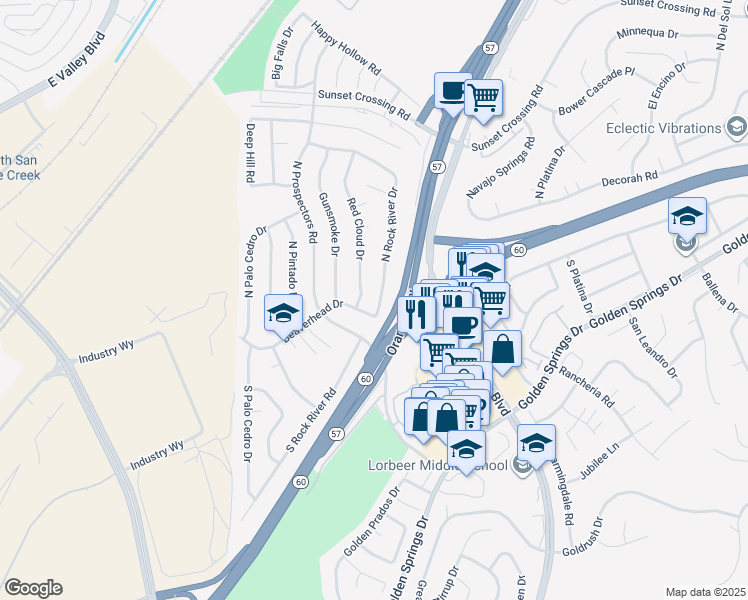 map of restaurants, bars, coffee shops, grocery stores, and more near 123 North Rock River Drive in Diamond Bar