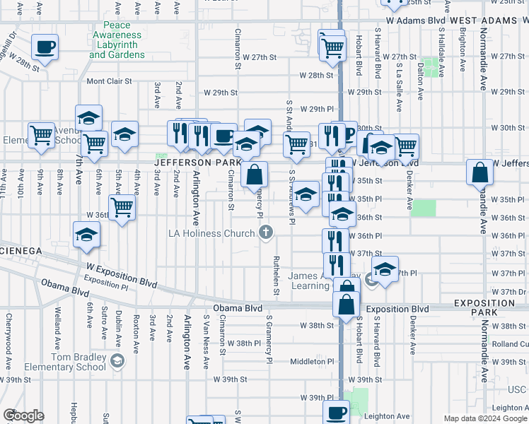 map of restaurants, bars, coffee shops, grocery stores, and more near 3566 South Gramercy Place in Los Angeles