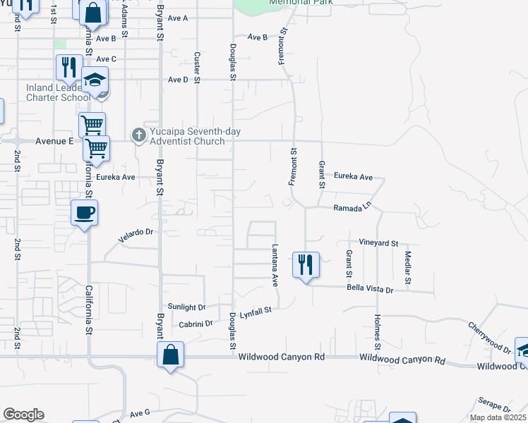 map of restaurants, bars, coffee shops, grocery stores, and more near 35585 Mountain View Lane in Yucaipa