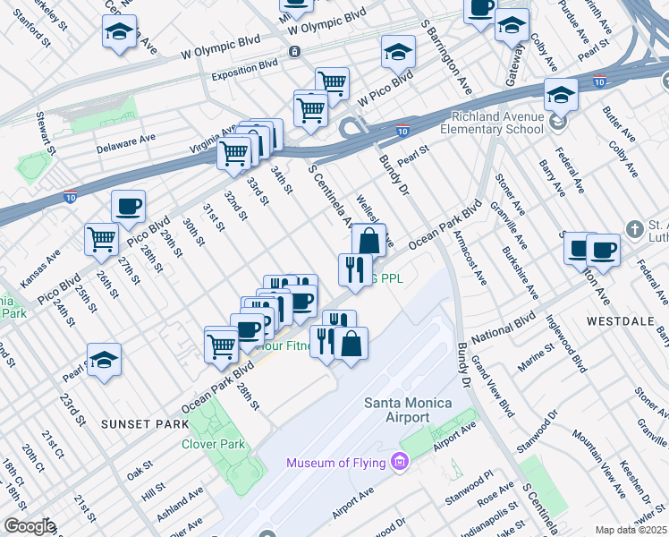 map of restaurants, bars, coffee shops, grocery stores, and more near 2658 34th Street in Santa Monica