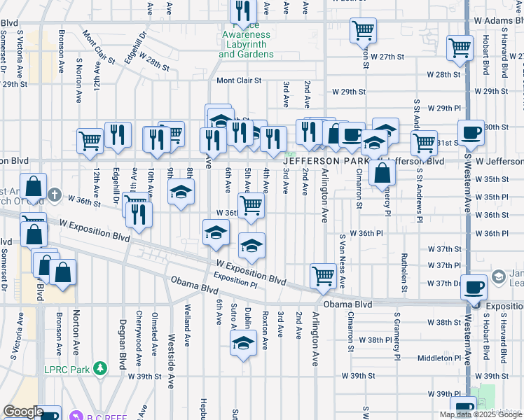 map of restaurants, bars, coffee shops, grocery stores, and more near 3535 4th Avenue in Los Angeles