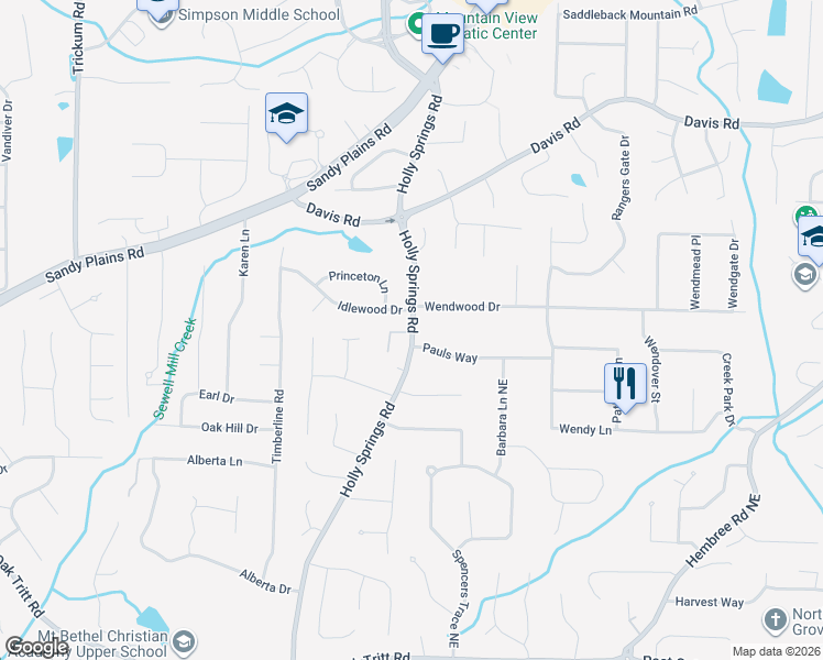 map of restaurants, bars, coffee shops, grocery stores, and more near 2985 Holly Springs Rd in Marietta