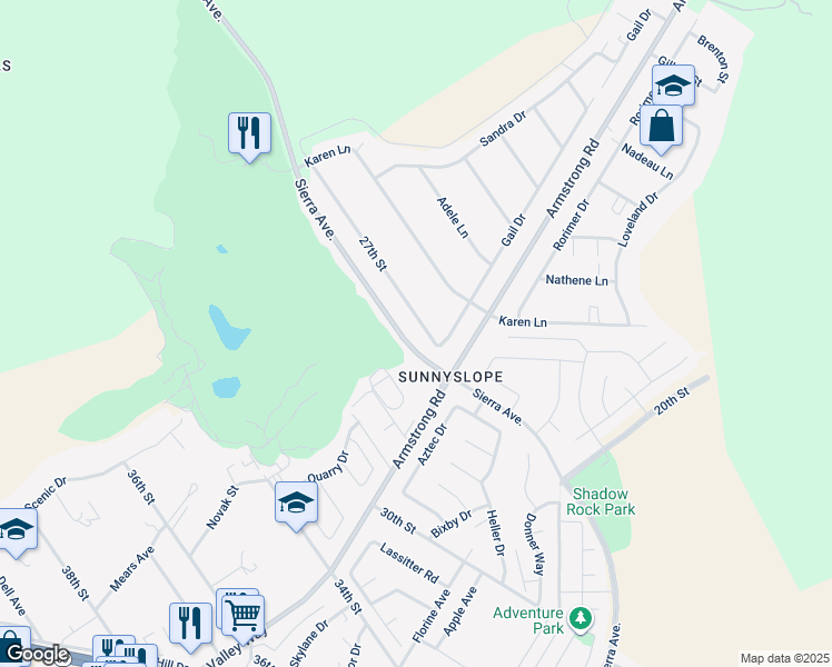 map of restaurants, bars, coffee shops, grocery stores, and more near 6860 27th Street in Riverside