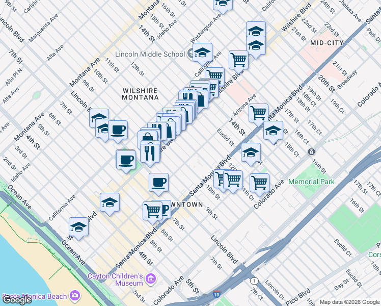 map of restaurants, bars, coffee shops, grocery stores, and more near 1252 11th Street in Santa Monica