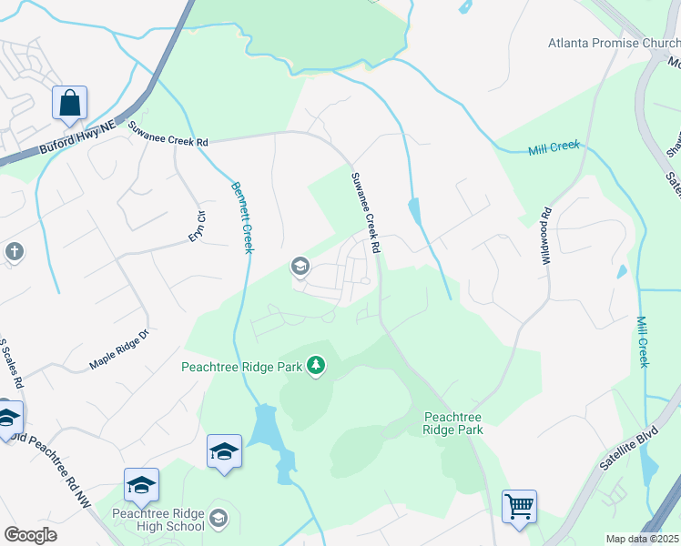 map of restaurants, bars, coffee shops, grocery stores, and more near 1309 Bennett Creek Overlook in Suwanee