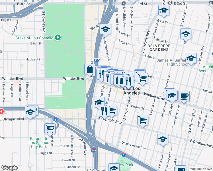 map of restaurants, bars, coffee shops, grocery stores, and more near 4510 Whittier Boulevard in East Los Angeles