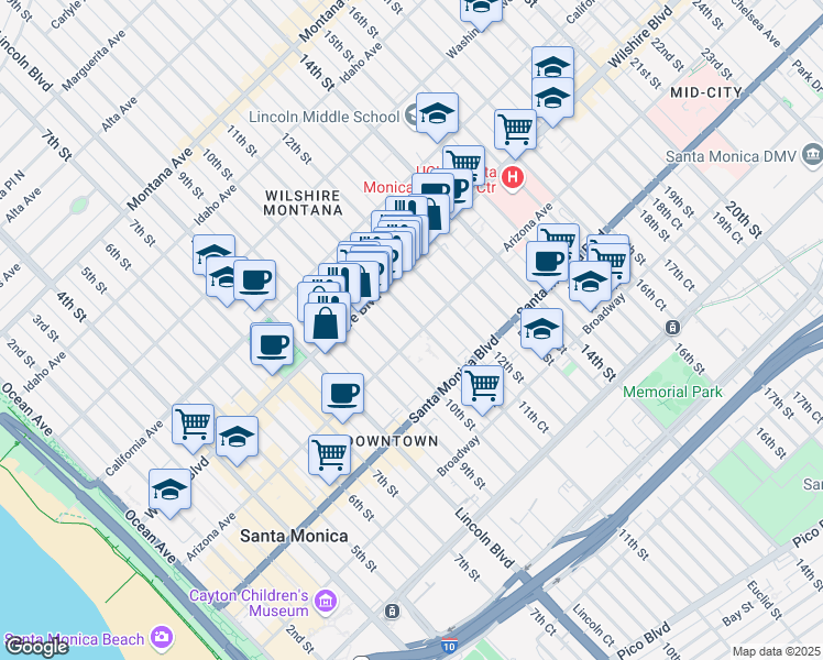 map of restaurants, bars, coffee shops, grocery stores, and more near 1252 11th Street in Santa Monica