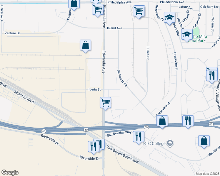 map of restaurants, bars, coffee shops, grocery stores, and more near 10961 Iberia Street in Jurupa Valley