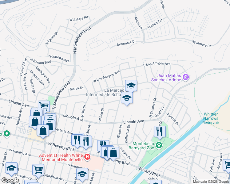 map of restaurants, bars, coffee shops, grocery stores, and more near 120 East Balanda Drive in Montebello