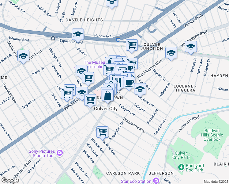 map of restaurants, bars, coffee shops, grocery stores, and more near in Culver City