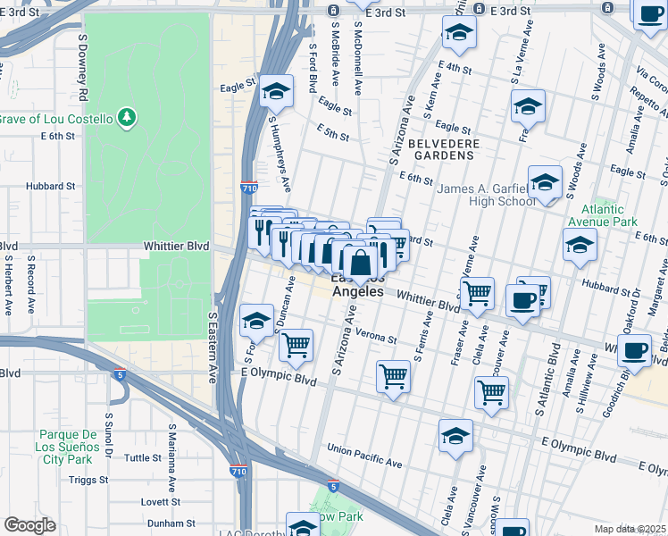 map of restaurants, bars, coffee shops, grocery stores, and more near 4585 Whittier Boulevard in East Los Angeles