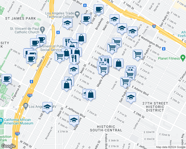 map of restaurants, bars, coffee shops, grocery stores, and more near 220 East 27th Street in Los Angeles